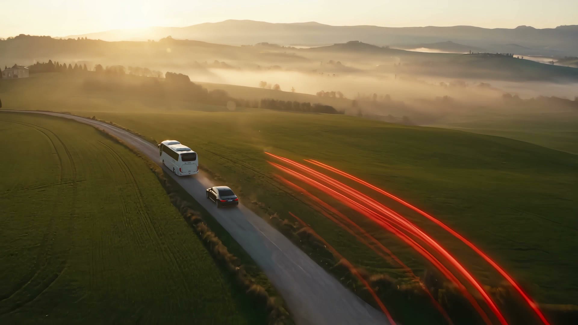 Dall'alto, i mezzi che lasciano la rimessa su strade diverse in una valle all'alba
